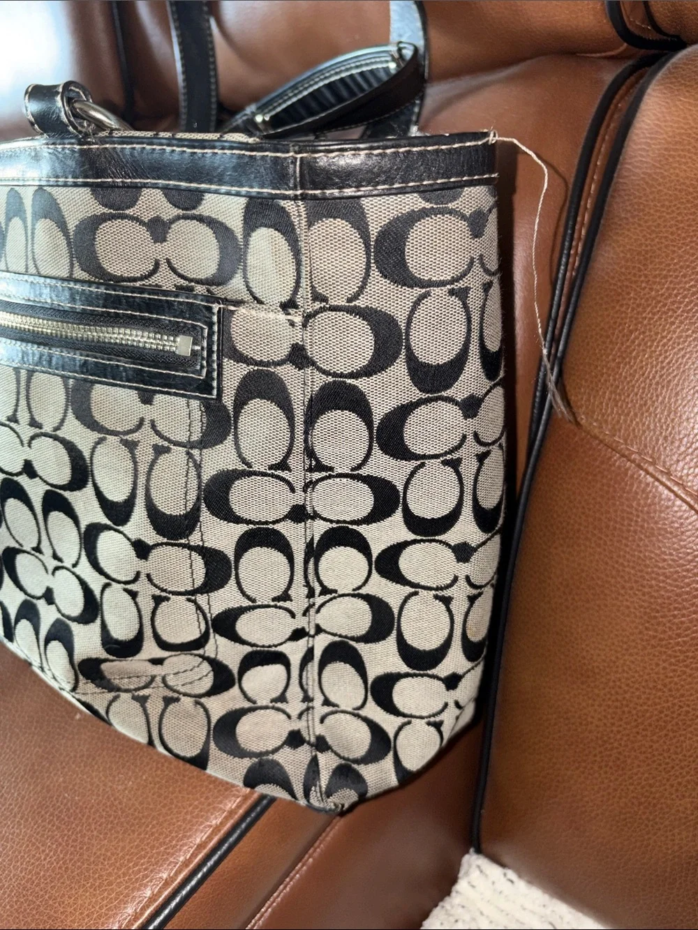 Vintage sCoach Signature Canvas Messenger Bag in Black and Tan